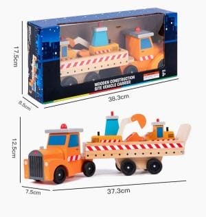 Spielzeugset für Baufahrzeuge aus Holz mit LKW und Bagger. Realistische Spielzeugautos im Großhandel.