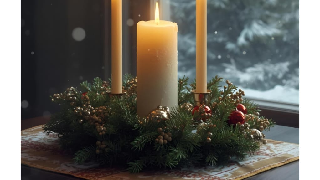 Weihnachtlicher Adventskranz mit brennender Kerze vor einem verschneiten Fenster.