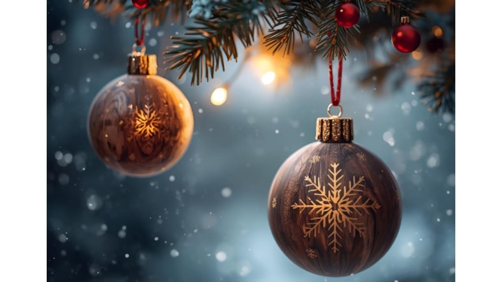 Holz Weihnachtsbaumkugeln mit Schneeflockenmuster und Tannenzweigen.