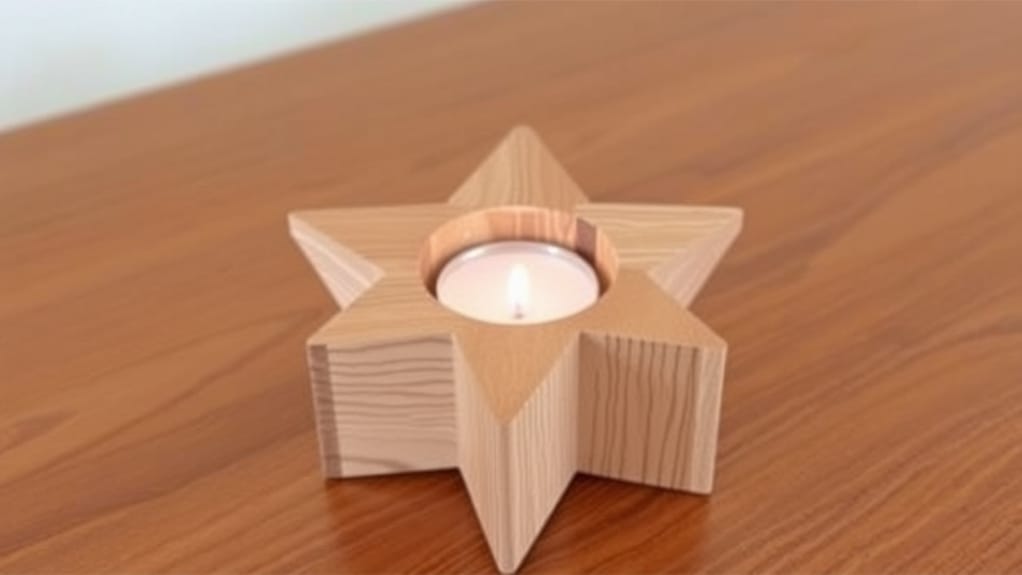Holzstern-Kerzenhalter mit Teelicht auf Holztisch. Kreative Holzdeko für Weihnachten.