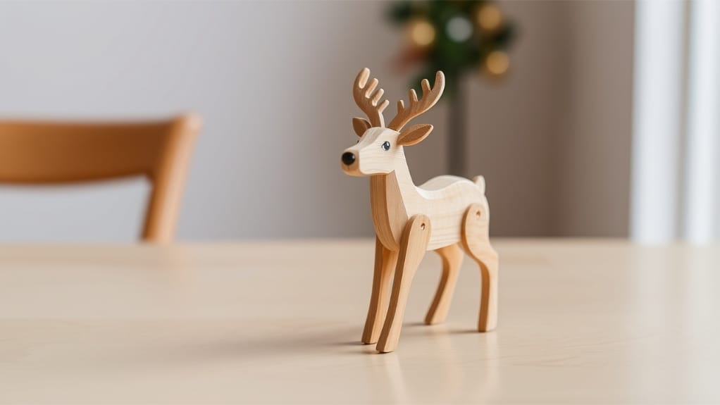 Hölzerner Hirsch als Weihnachtsdeko auf Tisch. DIY-Idee für Weihnachten.