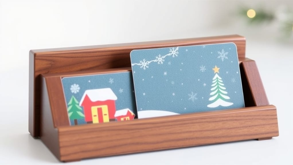 Weihnachtliche Holzdeko: Kartenhalter mit Wintermotiven. Kreative Deko-Idee aus Holz.