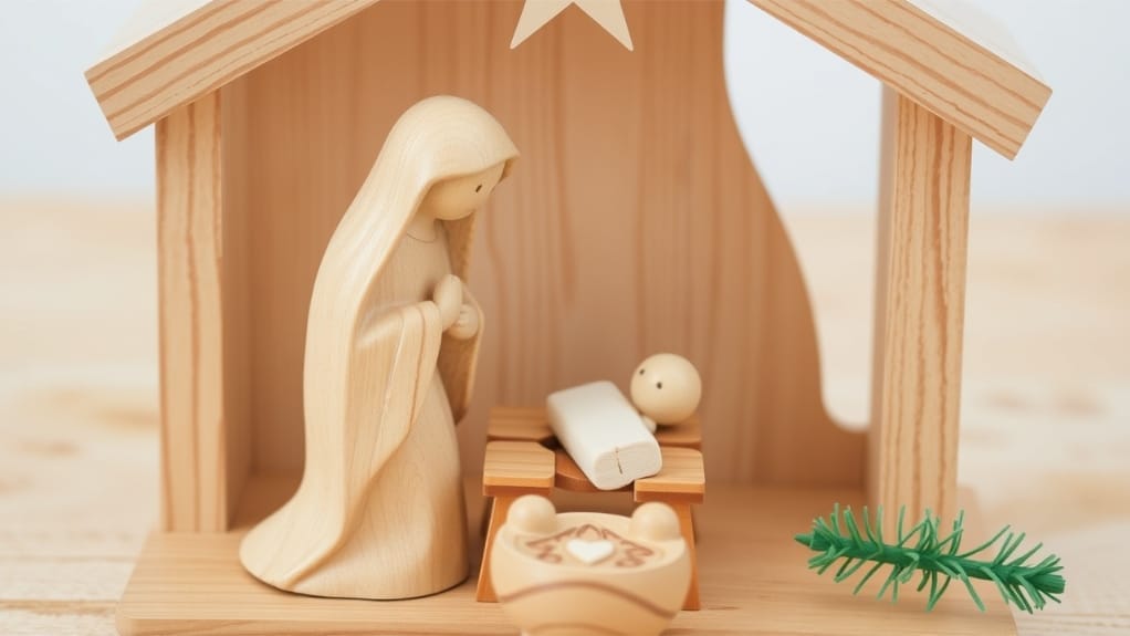 Holzkrippe mit Maria und Jesuskind, Weihnachtsdeko aus Holz.