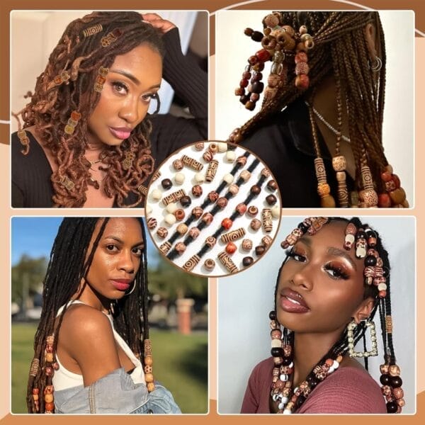 Afrikanische Frauen mit Dreadlocks und Zöpfen, geschmückt mit großen Holzperlen.
