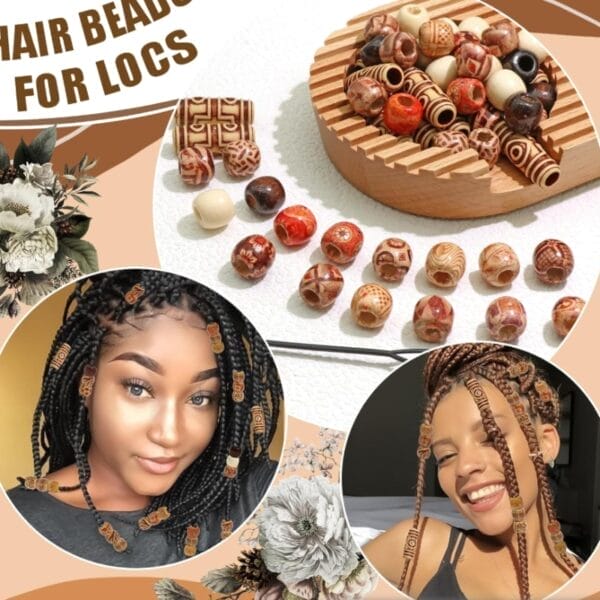 Afrikanische Holzperlen für Dreadlocks und Zöpfe. "Hair Beads for Locs" Text im Bild.