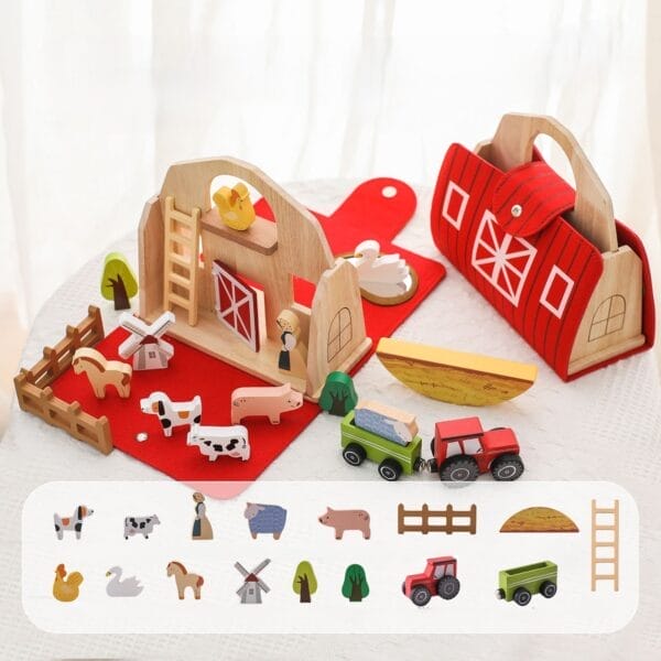 Bauernhof aus Holz Spielzeug für Kinder, mit Bauernhoftieren und Traktor.