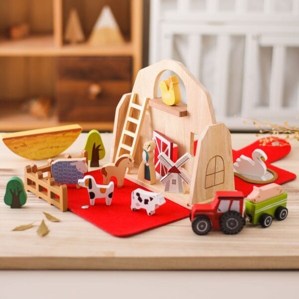 Holz-Bauernhof Spielzeug für Kinder, pädagogisches Stapelspielzeug mit Tieren und Traktor.