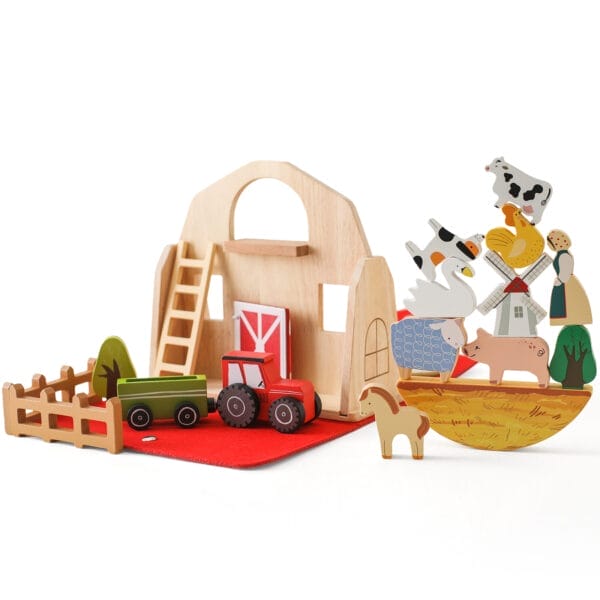 Bauernhof aus Holz Stapelspielzeug mit Traktor, Scheune und Tieren für Kinder
