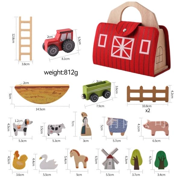 Holz Bauernhof Spielzeug Set mit Traktor, Tieren und Scheune. Pädagogisches Stapelspielzeug für Kinder.