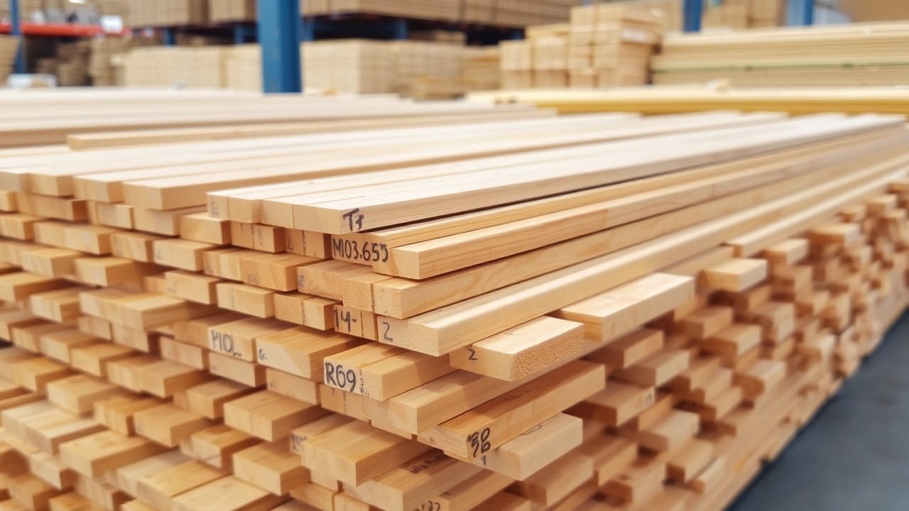 Holzstapel im Lager, beschriftet. Holz-Einkauf für Handwerker.