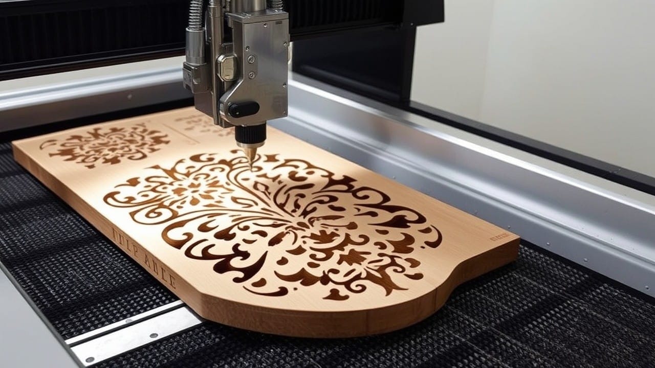CNC-Fräse graviert ein Holzbrett mit einem floralen Muster. Holzverarbeitung.
