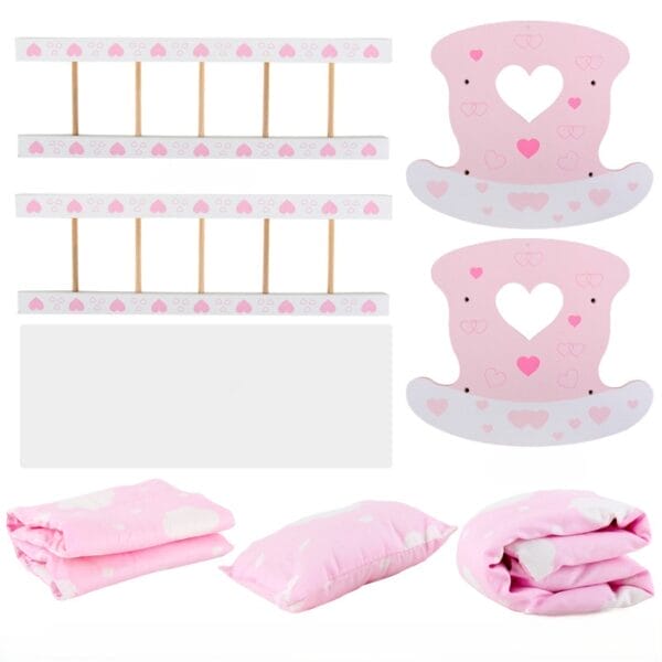 Puppenwiege aus Holz für Kinder, rosa mit Herz-Dekor, Spielbett-Set