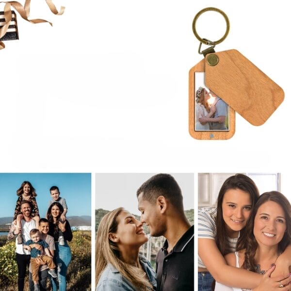 Holz-Fotoanhänger mit Familienfotos: Paar, Mutter und Tochter, Familie. Schlüsselanhänger mit Foto Holz.
