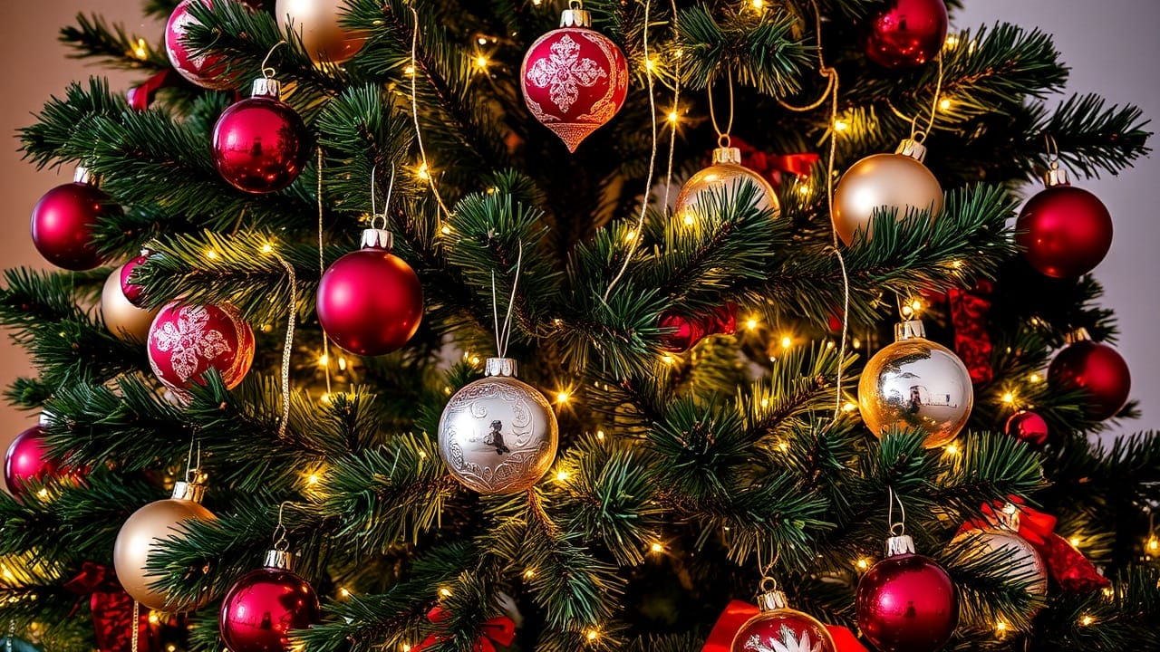 Weihnachtsbaum mit roten und goldenen Kugeln, Lichterketten. Weihnachtsdekoration.