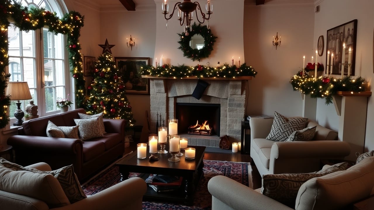 Weihnachtlich dekoriertes Wohnzimmer mit Kamin, Baum und Kerzen. Weihnachtsdekorations-Trends.