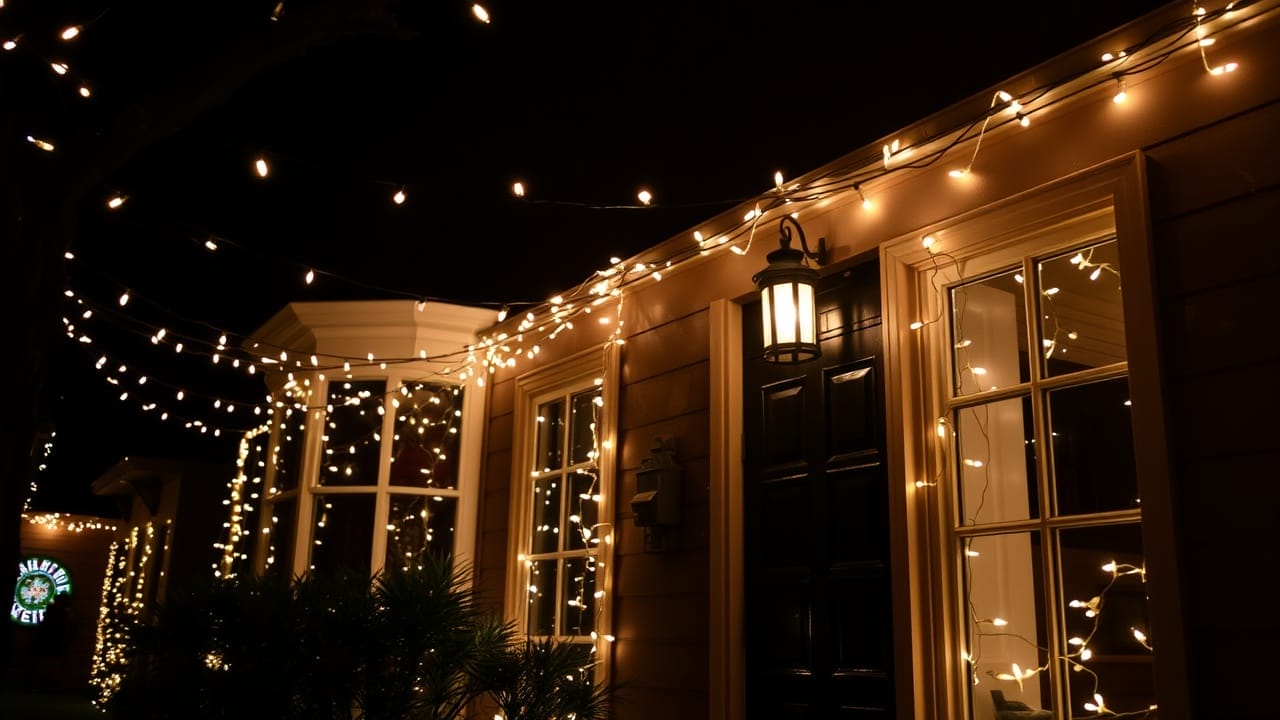 Haus mit warmen Lichtern dekoriert, Weihnachtsdekorations-Trends 2025.
