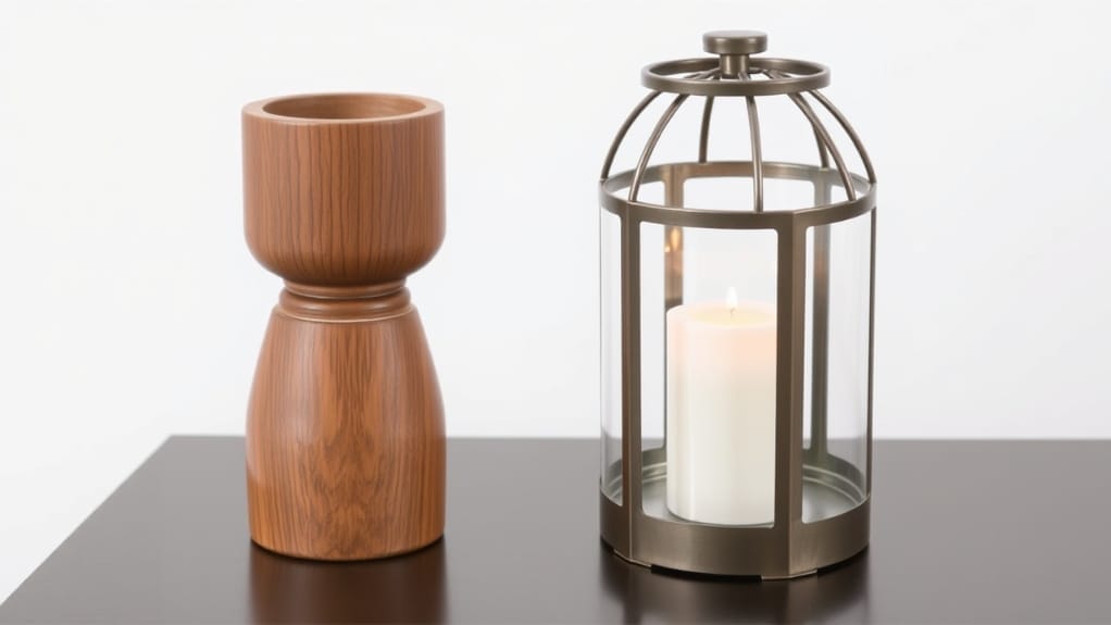 Kerzenhalter aus Holz und Metall mit brennender Kerze. Dekorative Elemente.