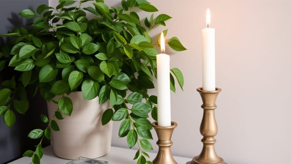 Goldene Kerzenhalter aus Holz mit weißen Kerzen neben einer Zimmerpflanze.