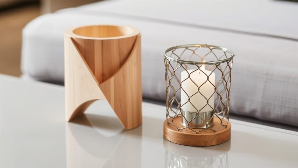 Holz- und Metallkerzenhalter auf einem Tisch. Kerzenhalter aus Holz vs. Metall.