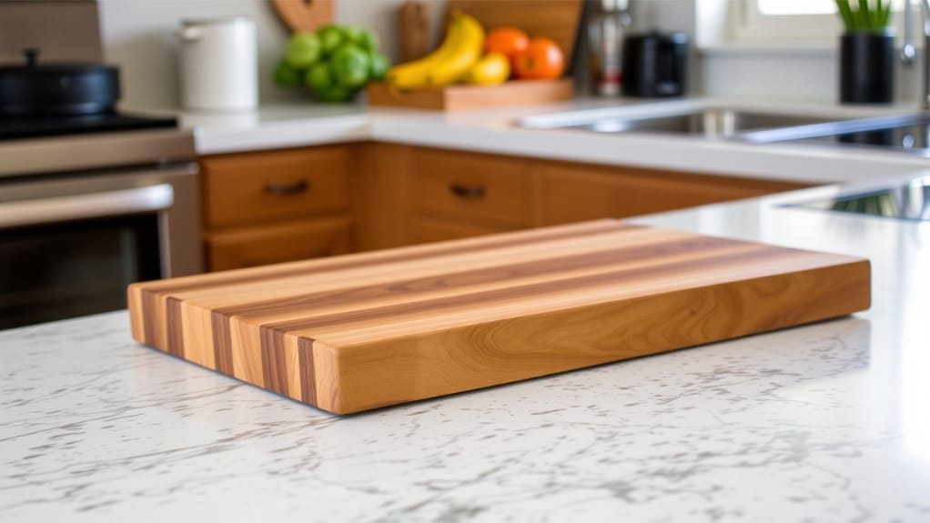 Holz-Schneidebrett auf Marmor-Küchenarbeitsplatte. Holz-Schneidebrett rutschen hindern in der Küche.