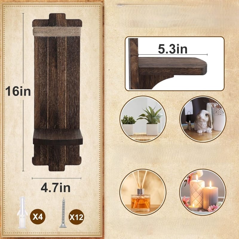 Rustikaler Wandkerzenhalter aus Holz mit Maßen (16 x 4.7 x 5.3 Zoll) und Montagezubehör. Dekoratives Regal.