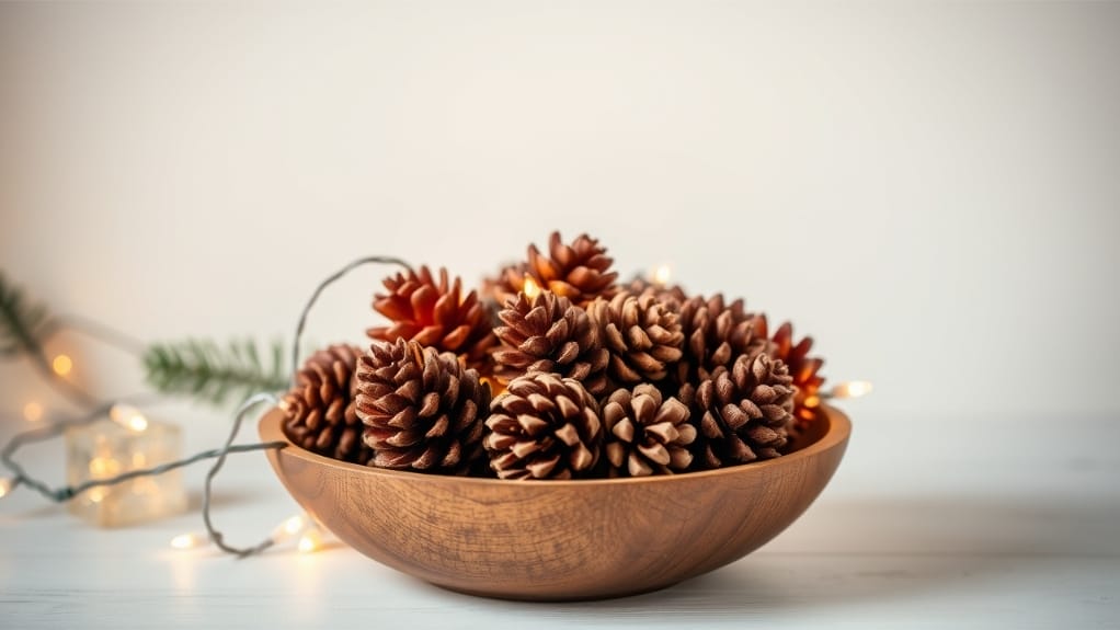 Holzschale gefüllt mit Tannenzapfen und Lichterkette als festliche Dekoration.