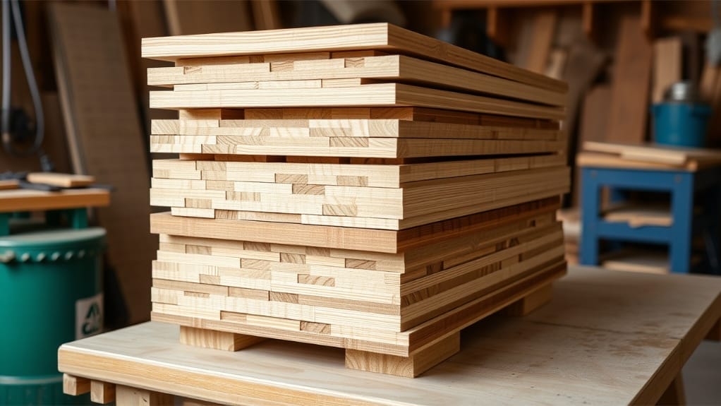 Gestapelte Leimholzplatten mit sichtbaren Holzverbindungen auf einer Werkbank.