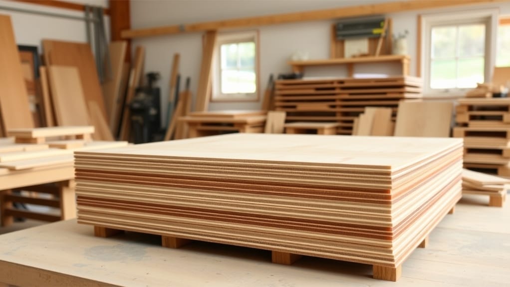 Stapel Leimholzplatten auf einer Holzpalette in einer Werkstatt