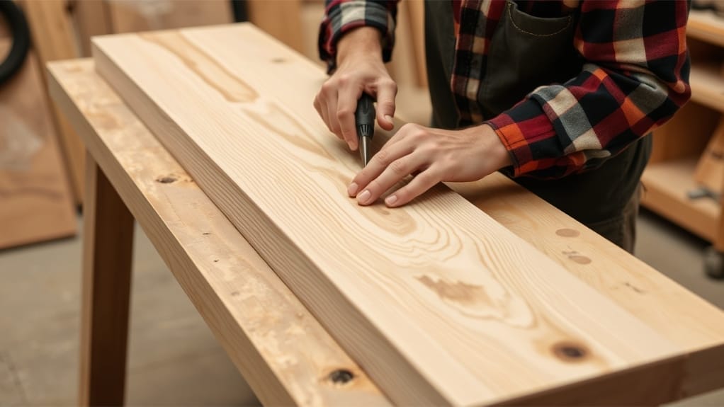 Handwerker bearbeitet Leimholzplatte mit Stechbeitel auf Werkbank.