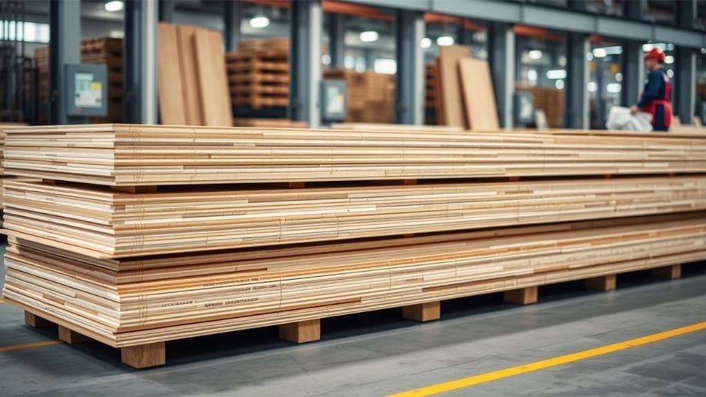 Gestapelte Leimholzplatten auf einer Palette in einer Werkstatt.