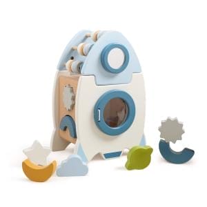 Holzspielzeug Rakete mit Formen zum Sortieren. Lernspielzeug für Kinder.