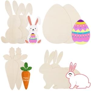 Osterschmuck aus Holz: Unvollendete Hasen, Eier und Karotten zum Bemalen für DIY-Dekorationen.