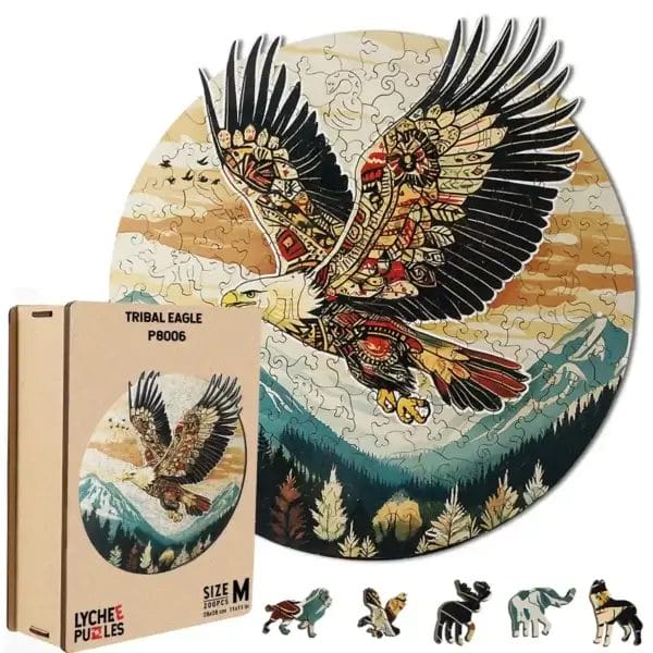 Adler Puzzle: Holzpuzzle für Erwachsene mit Tribal Eagle Motiv, 200 Teile, in Holzkiste.