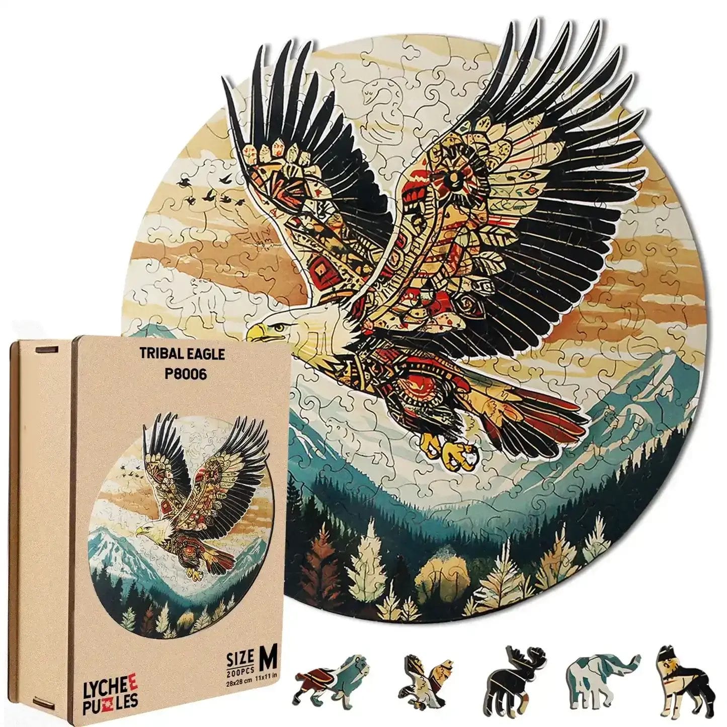 Adler Puzzle: Holzpuzzle für Erwachsene mit Tribal Eagle Motiv, 200 Teile, in Holzkiste.