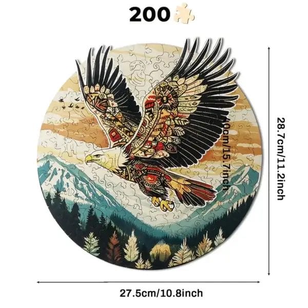 Adler Puzzle, 200 Teile: Lasergeschnittenes Holzpuzzle mit Adler-Motiv und Größenangaben (28.7cm x 27.5cm).