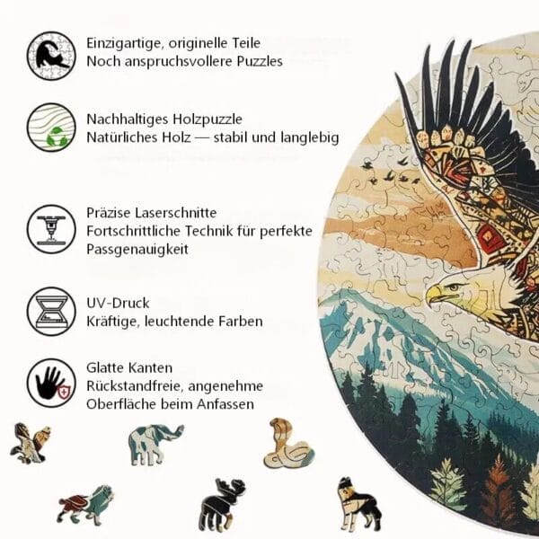 Adler Puzzle Details: Einzigartige Teile, nachhaltiges Holz, präzise Schnitte, UV-Druck, glatte Kanten.