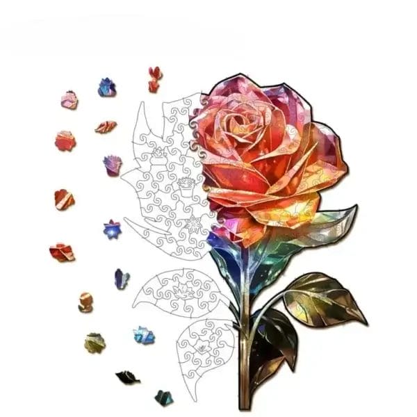Rose Puzzle mit fehlenden Teilen. Halb farbig, halb Umriss.