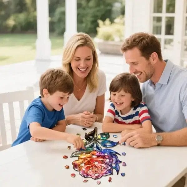 Familie legt ein Rosenpuzzle auf einem Tisch im Freien.