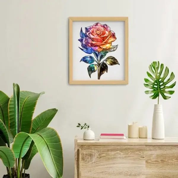 Gerahmte, farbenfrohe Rosenkunst an der Wand über einem Holzschrank mit Pflanzen.