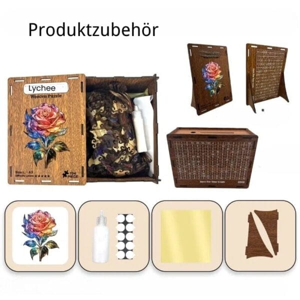 Lychee Holzpuzzle "Rose" mit Zubehör: Kleber, Ständer, Aufkleber. Schwierigkeitsgrad: mittel. Produktzubehör.