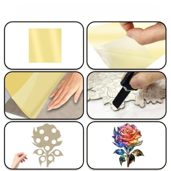 Schritte zum Aufkleben eines Farbbildes auf ein Holzpuzzle in Rosenform.