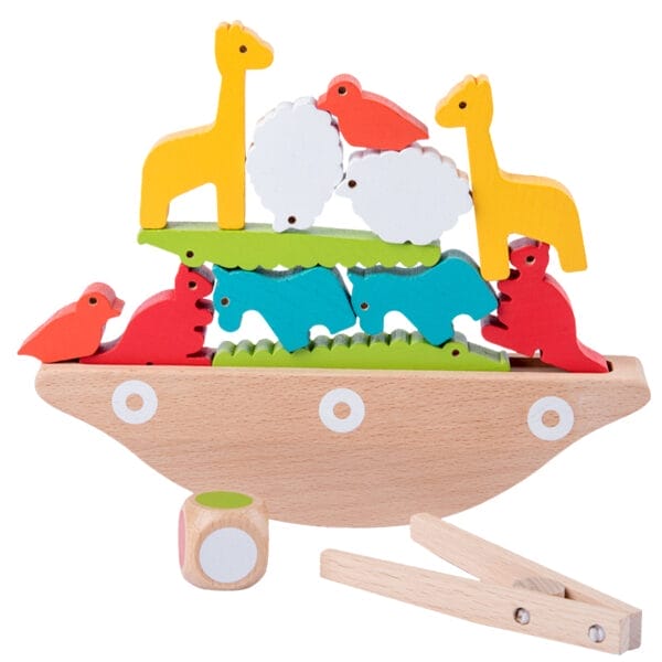 Balancier-Spielzeug für Kinder: Holzboot mit Tieren, Würfel und Zange. Boote Spielzeug Großhandel.