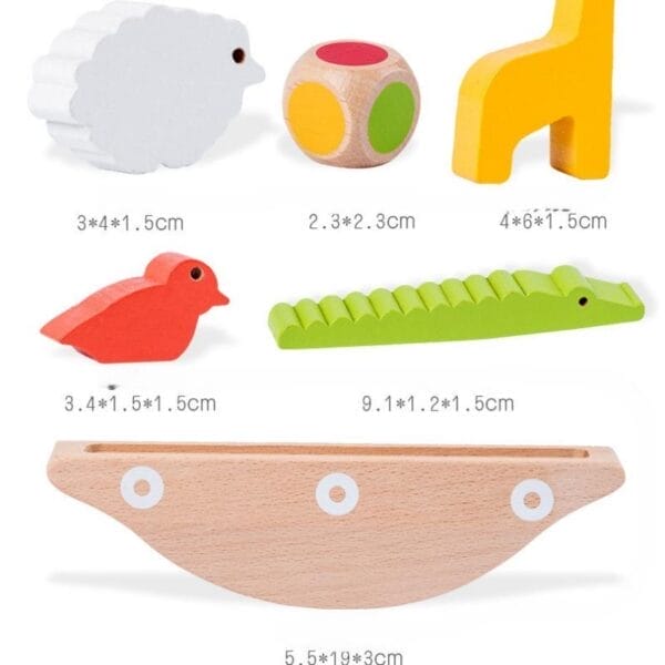 Holzspielzeug: Balancierspielzeug für Kinder, Tierfiguren (Schaf, Vogel, Krokodil, Giraffe), Würfel, Wippe.