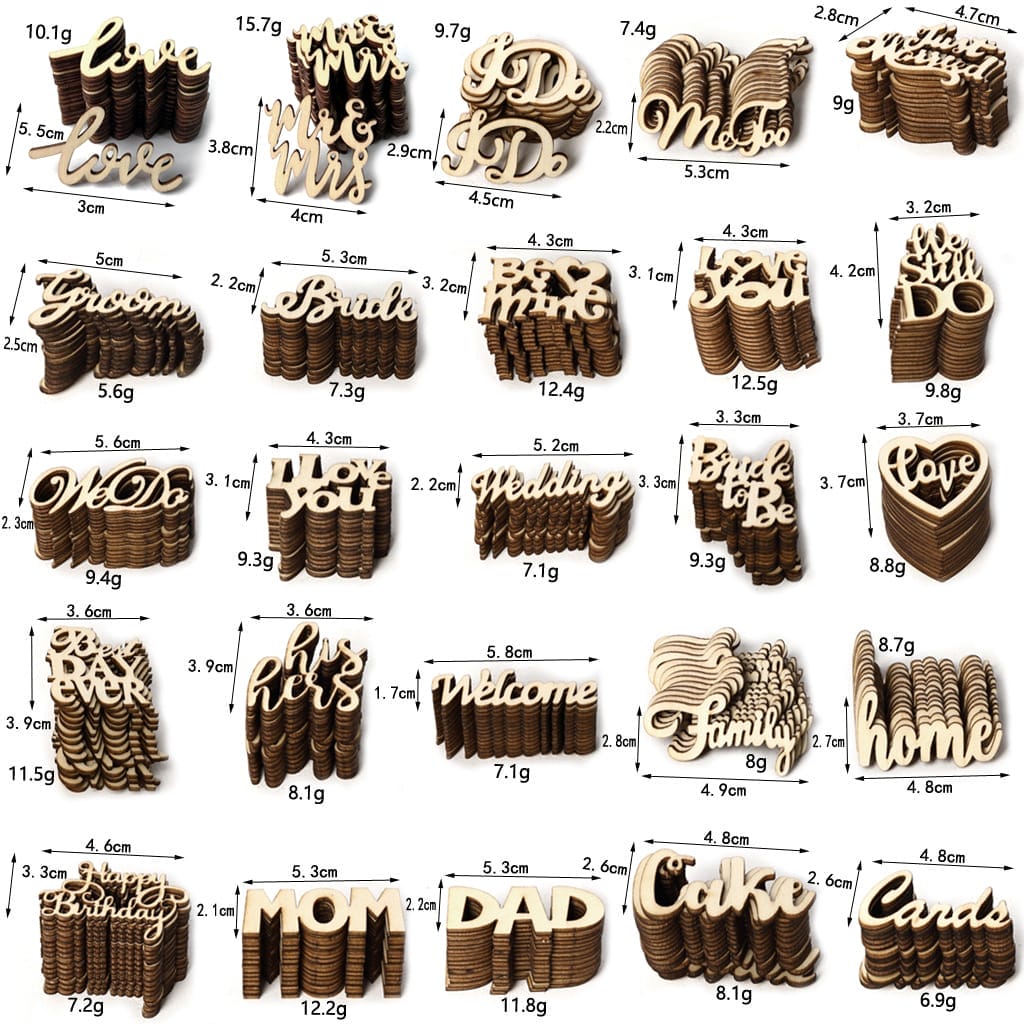 Holzbuchstaben für Bastelarbeiten: "Love", "Mrs & Mrs", "Wedding" und mehr Deko-Buchstaben.