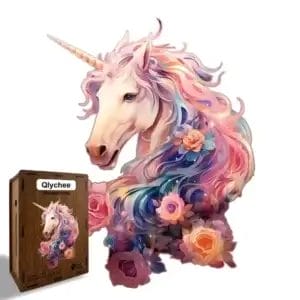 Einhorn Puzzle mit Blumen, in Holzbox. Qlychee Holzpuzzle für Erwachsene.