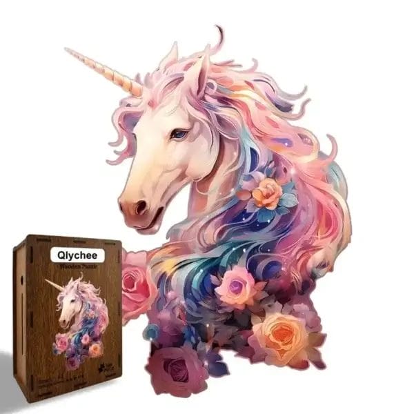 Einhorn Puzzle mit Blumen, in Holzbox. Qlychee Holzpuzzle für Erwachsene.