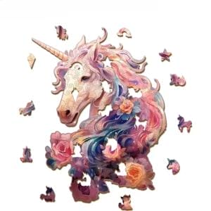 Einhorn Puzzle: Lasergeschnittenes Jigsaw Puzzle mit bunten Blumen.