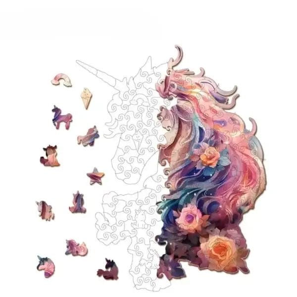 Einhorn Puzzle, lasergeschnitten, teilweise zusammengesetzt. Holzpuzzle für Erwachsene.