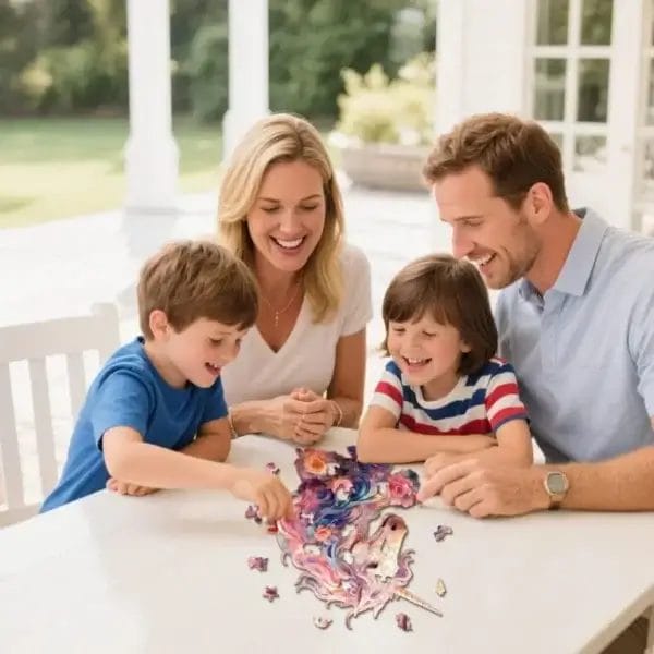 Familie legt Einhorn Puzzle auf Terrasse. Holzpuzzle für Erwachsene.
