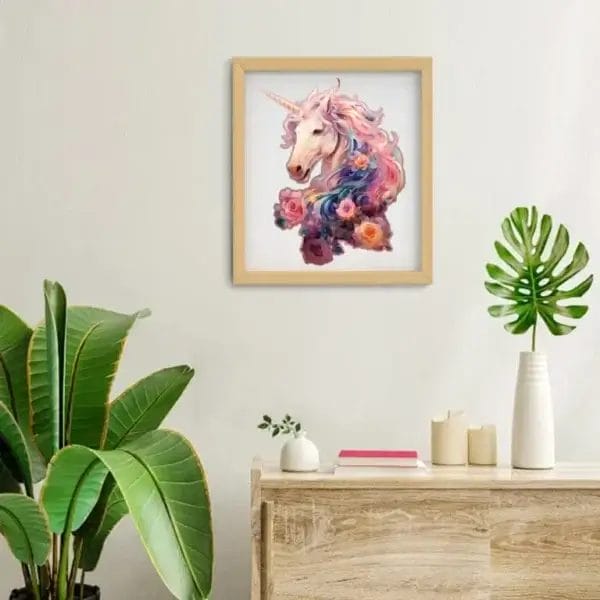 Einhorn-Puzzle-Motiv als Wandbild mit Blumen.